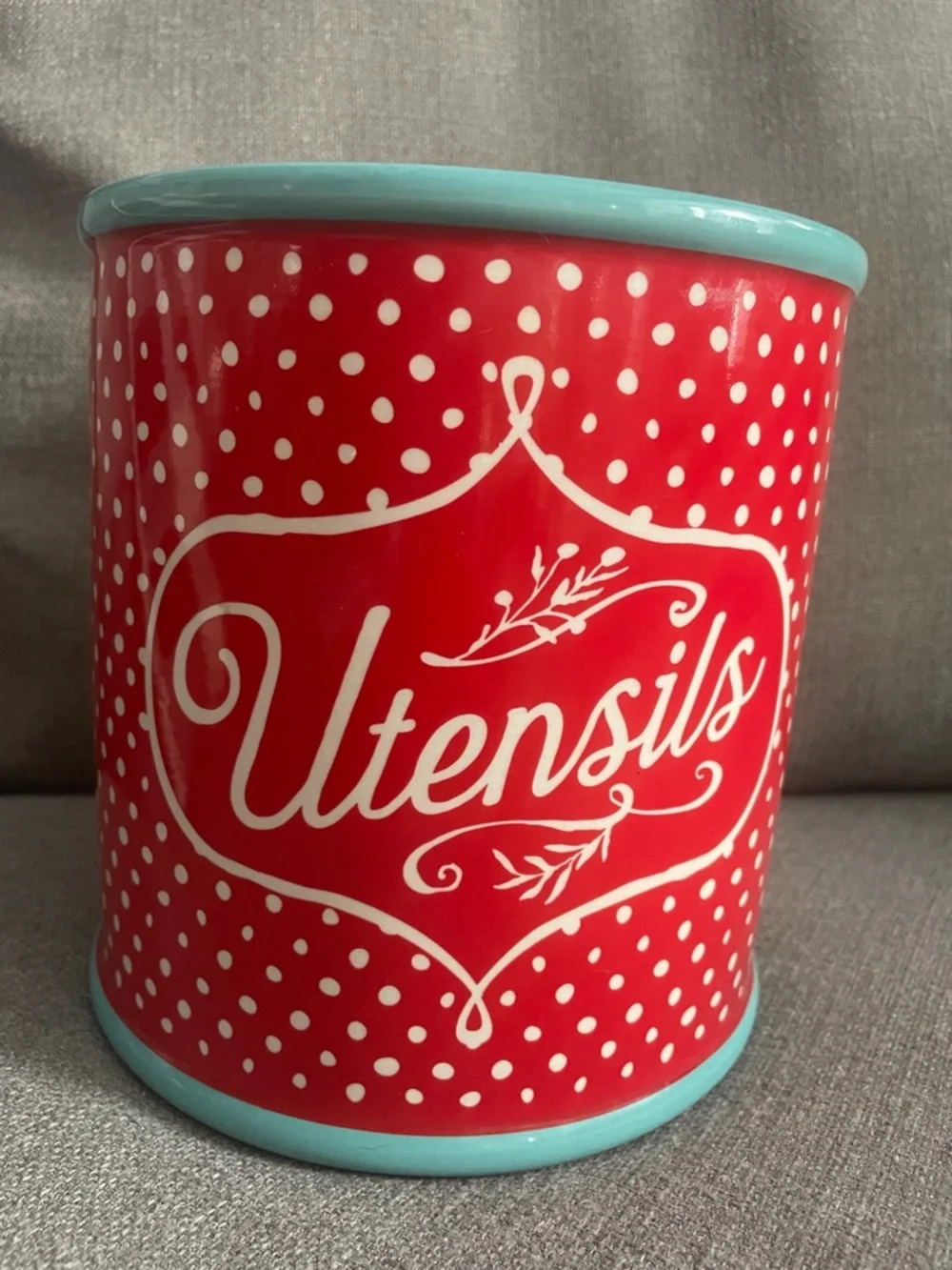 The Pioneer Woman Red and Teal Polka CrockDot Retired print Utensil Holder